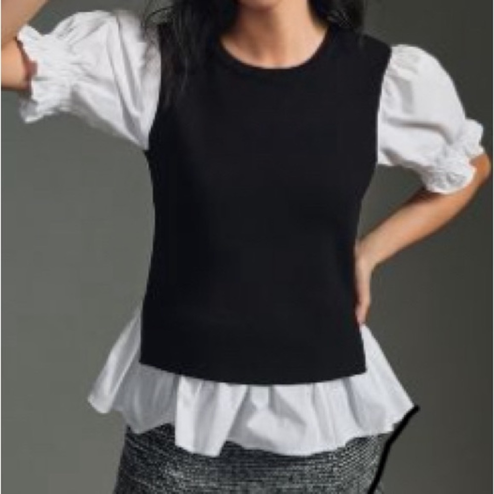 By Anthropologie Layered Poplin Sleeve Sweater